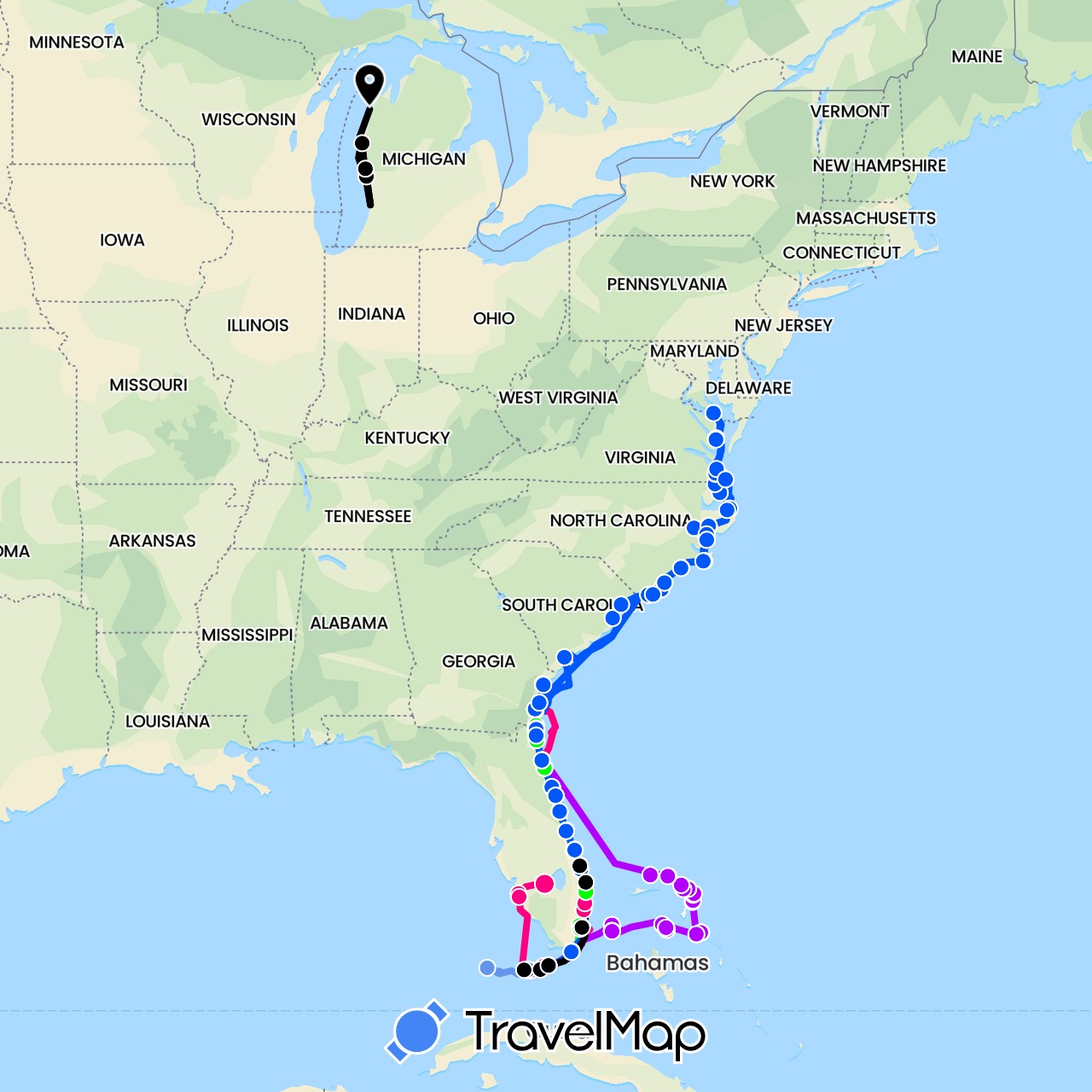 TravelMap itinerary: great loop-2020, great loop-2021, side trips, bahamas 2022, east coast 2022, aicw, 2024 in Bahamas, United States (North America)